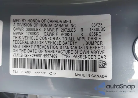 2023 Honda Civic Sport z USA, uszkodzony, nr VIN 2HGFE2F59PH557409